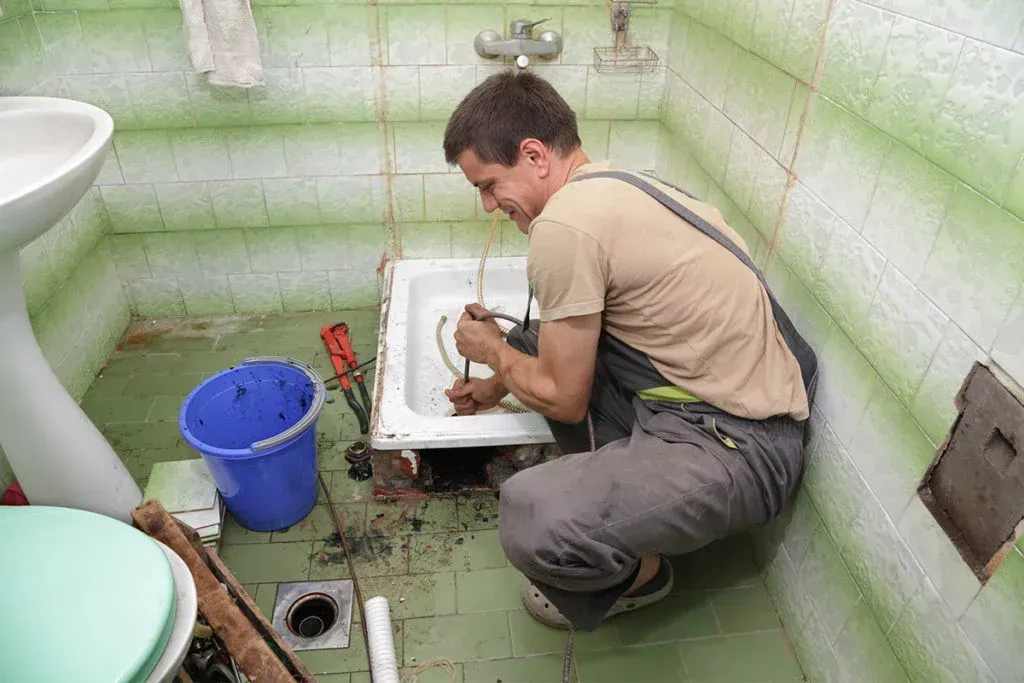 A plumber crouching in a tiled bathroom to clear a drain line beneath a removed shower pan