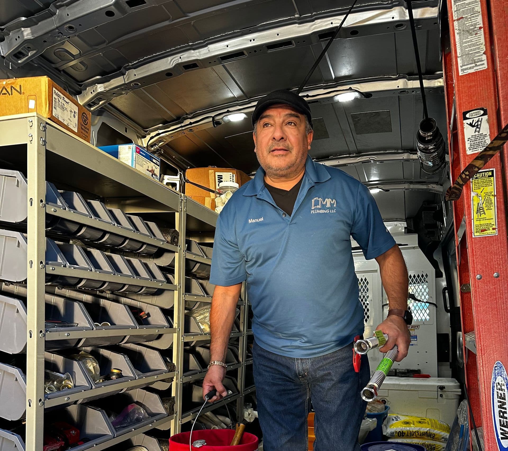 Inside a CMM Plumbing service van, fully stocked and ready for the job