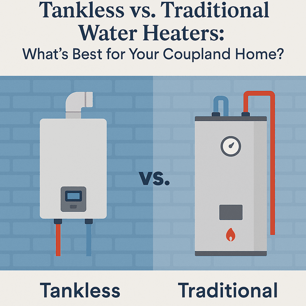 Illustration comparing a wall-mounted tankless water heater with a traditional tank water heater