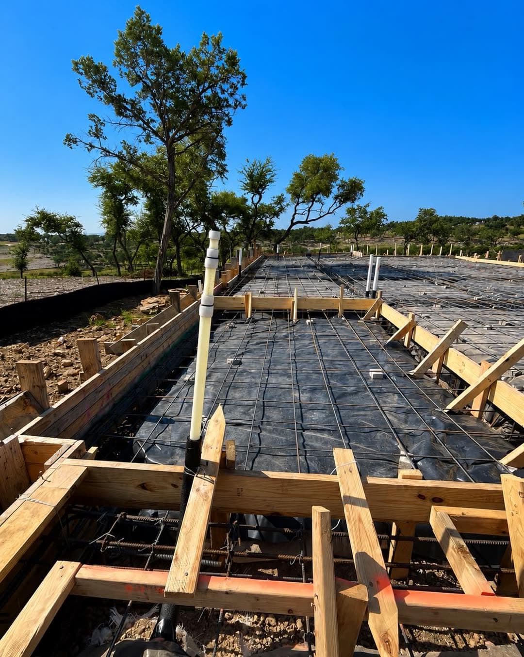 A PVC plumbing stub-out above the rebar grid at the edge of a new-construction slab, wood forms behind it
