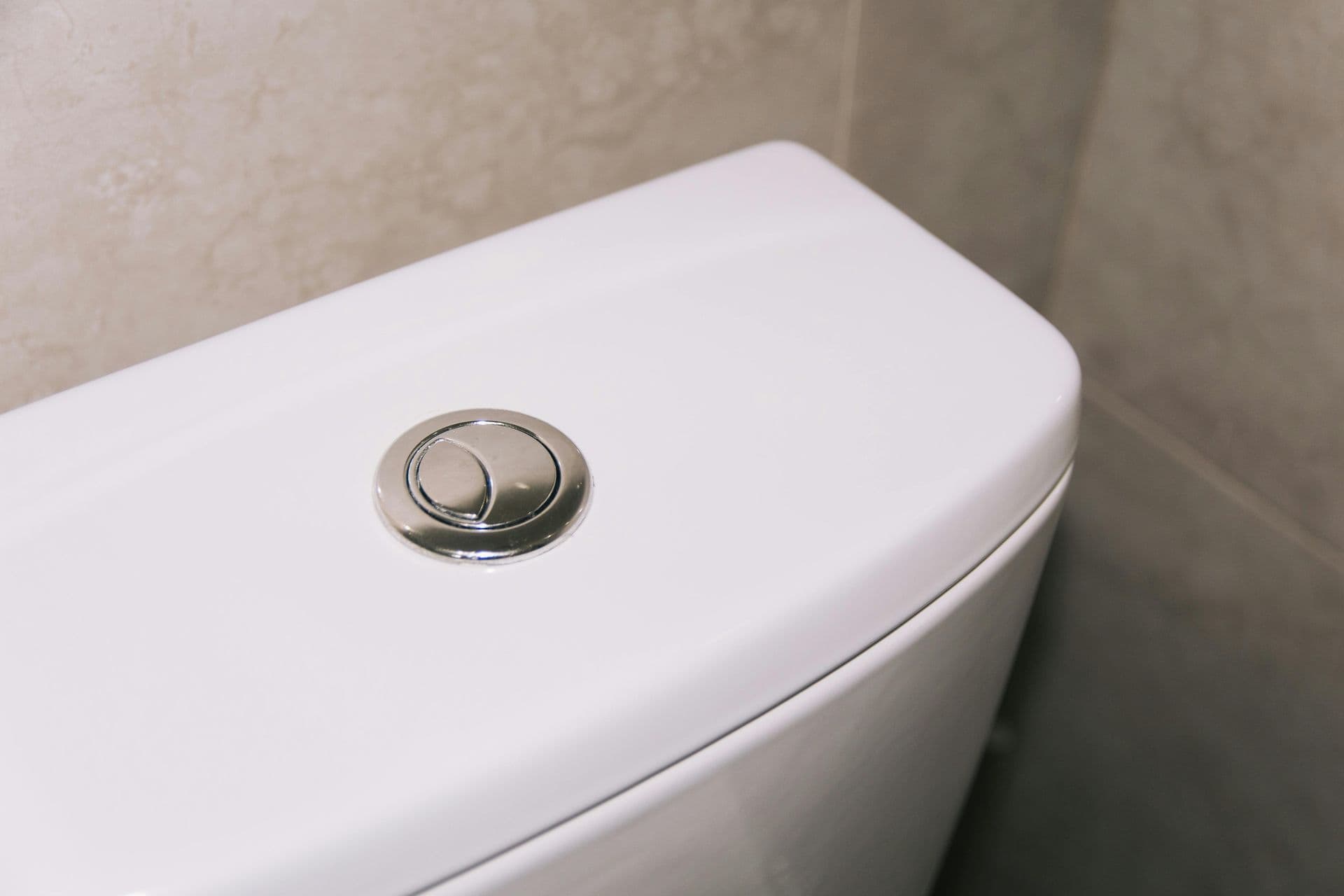 Close-up of a dual-flush button on a white toilet tank in a tiled bathroom